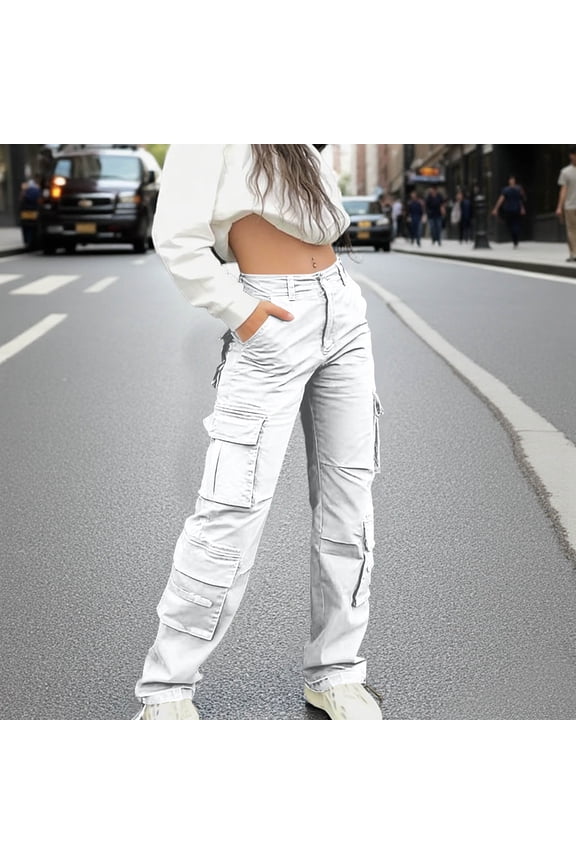 Cargo Pants Women, High Waist Solid Color Straight Leg Cuffed Button Front Zipper Work Pants with 8 Pockets, Outdoor Fashion Comfy Casual Sport Hiking Pants
