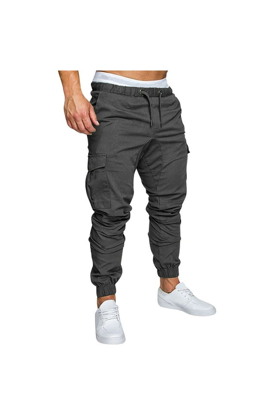 Cargo Pants for Men, Elastic Waist Solid Color Drawstring Multiple Pockets Cuffed Pants, Outdoor Hiking Casual Joggers