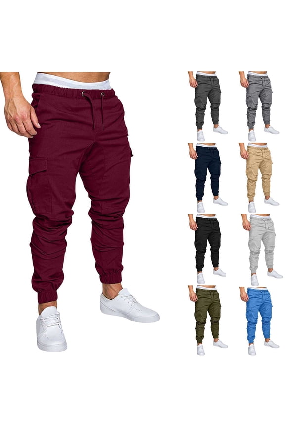 Cargo Pants for Men, Elastic Waist Solid Color Drawstring Multiple Pockets Chino Pants, Outdoor Hiking Casual Joggers