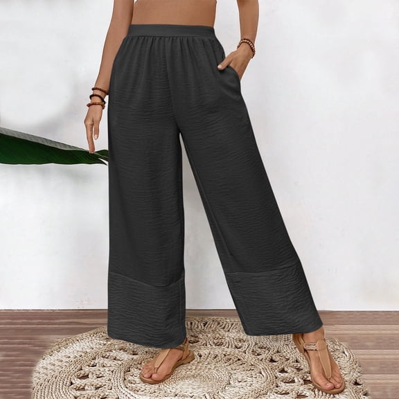 Antqov Casual Pants for Women, Elastic High Waist Solid Color Wide Leg Pants with Pockets, Outdoor Daily Lightweight Breathable Comfy Casual Trousers
