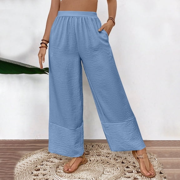 Antqov Casual Pants for Women, Elastic High Waist Solid Color Wide Leg Pants with Pockets, Outdoor Daily Lightweight Breathable Comfy Casual Trousers