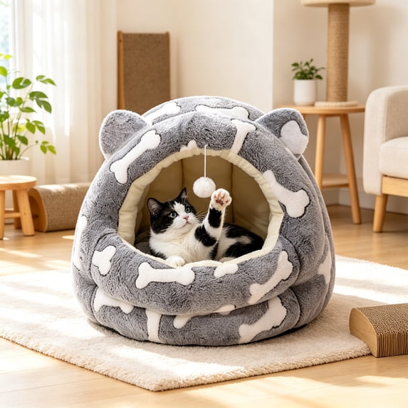 Antqov Cat Bed for Indoor Cats, Foldable Washable Cat Bed & Cave Soft Thick Removable Pet Bed for Kittens Home Office Supplies