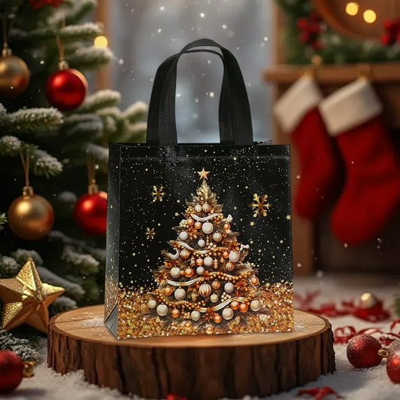 Antqov Christmas Bags Colorful Non-Woven Christmas Gift Bags with Handles Glittered Designs Reusables Gift Bag for Party Holiday Supplies