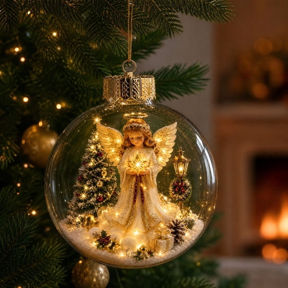 Antqov Christmas Decorations, Light-up Clear Glowing Christmas Ornament, Hanging Mini Holiday Scene Christmas Tree Ornaments with LED Light for Indoor Home, Office, Party Decor Gifts