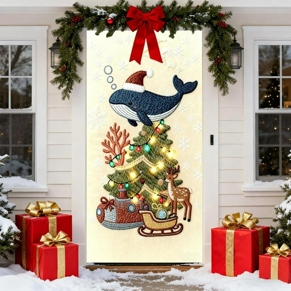 Antqov Christmas Door Cover 35x71" Front Door Banners Xmas Party Backdrop Photography Background Decoration Banners for Indoor Outdoor Winter Holiday Party Home Decorations