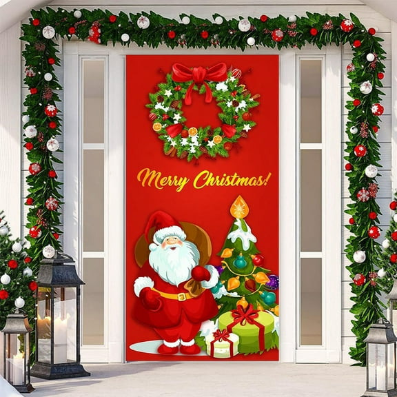 Antqov Christmas Door Cover 73x35" Santa Claus Snowman Front Door Cover Hanging Banner Background for Holiday Party Home Decorations