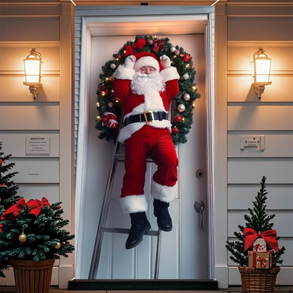Antqov Christmas Door Cover Decoration Front Door Backdrop Window Cover Santa Claus Christmas Front Porch Sign for Indoor Home Wall Party Decorations 71x35"