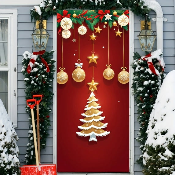 Antqov Christmas Door Cover Hanging Banner Santa Snowman Door Cover 79x35" Cloth Polyester Winter Front Door Cover Backdrop Christmas Decorations for Indoor Outdoor Holiday Party Decor