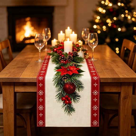 Antqov Christmas Table Runner, 13x72" Winter Xmas Holiday Table Runners Washable Seasonally Christmas Tablecloth for Home Kitchen Dining Party Decor