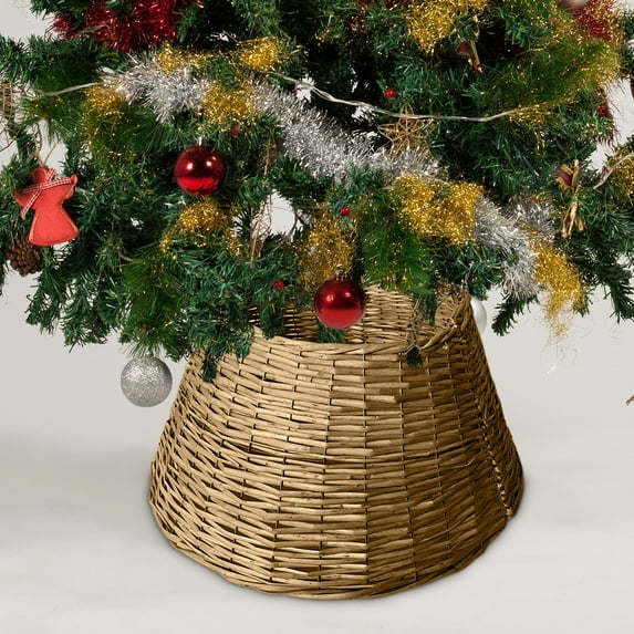 Antqov Christmas Tree Collar Woven Natural Wicker Christmas Tree Collar Basket Base Cover Vintage Rattan Christmas Tree Skirt for Home Party Decor