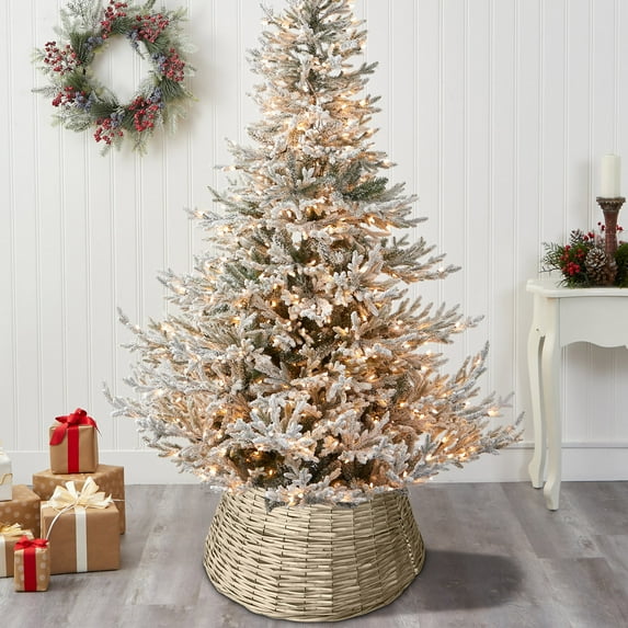 Antqov Christmas Tree Collar Woven Natural Wicker Christmas Tree Collar Basket Base Cover Vintage Rattan Christmas Tree Skirt for Home Party Decor