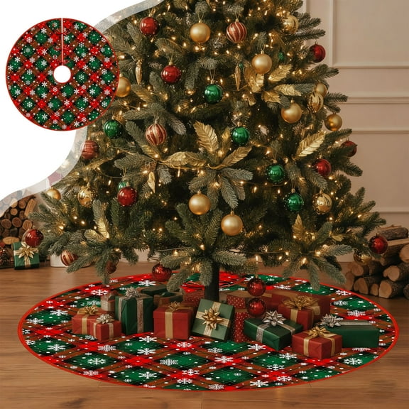 Antqov Christmas Tree Skirt 35" Polyester Xmas Tree Skirt with Snowflake Deer Snowman Patterns Christmas Decorations for Indoor Winter Holiday Party Decorations