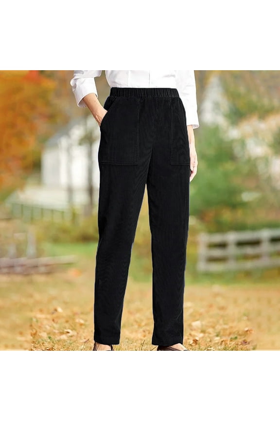 Corduroy Pants Women, Elastic Waist Solid Color Straight Leg Pants with Pockets, Fall Vintage Comfortable Loose Work Trousers