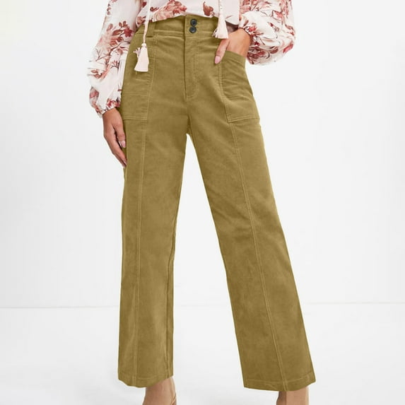 Antqov Corduroy Pants Women, Solid Color High Waist Button Straight Wide Leg Pants with Pockets, Daily Trendy Loose Fall Casual Trousers