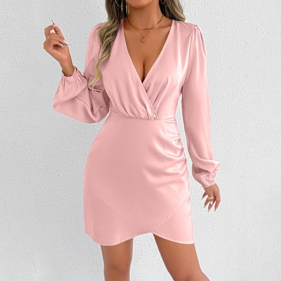 Antqov Dresses for Women, Solid Color V Neck Long Sleeve Tapered Waist Satin Cocktail Dresses, Daily Party Fashion Cozy Wedding Guest Dress
