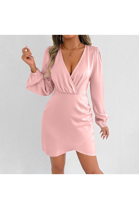 Dresses for Women, Solid Color V Neck Long Sleeve Tapered Waist Satin Cocktail Dresses, Daily Party Fashion Cozy Wedding Guest Dress