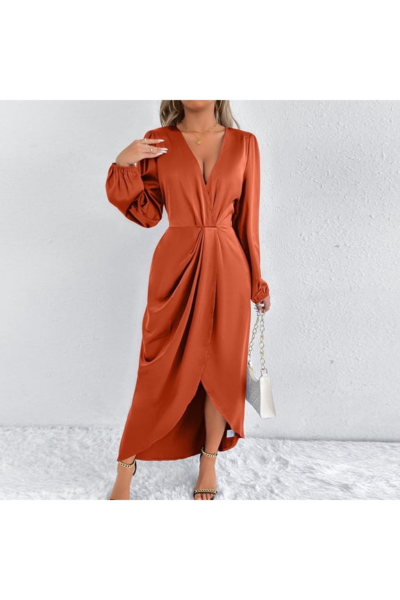 Dresses for Women, Solid Color V Neck Long Sleeve Tapered Waist Satin Maxi Cocktail Dresses, Party Trendy Soft Cozy Wedding Guest Dress