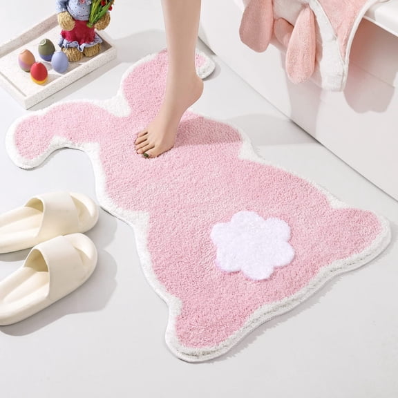 Antqov Easter Bathroom Rug 24x35" Non Slip Bunny Shaped Easter Bath Mat Washable Cute Easter Rugs for Outdoor Bathroom Bedroom Living Room Home Easter Decorations