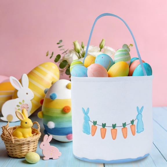 Antqov Easter Bunny Basket Bags for Kids, Cute Bunny Carrots Patterns Eggs Basket Candy Bags Personalized Canvas Bucket for Party Holiday Birthday Home Supplies, Gifts