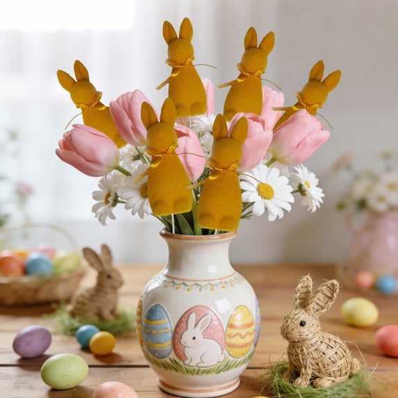 Antqov Easter Decoration, Small Easter Bunny Simulation Flocking Cutting, Cute Rabbits Embroidered Bow Branch Easter Decor for Home Party Holiday Supplies