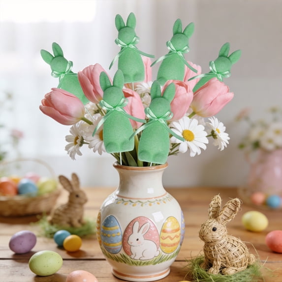 Antqov Easter Decoration, Small Easter Bunny Simulation Flocking Cutting, Cute Rabbits Embroidered Bow Branch Easter Decor for Home Party Holiday Supplies