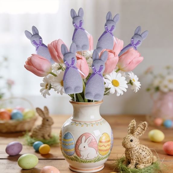 Antqov Easter Decoration, Small Easter Bunny Simulation Flocking Cutting, Cute Rabbits Embroidered Bow Branch Easter Decor for Home Party Holiday Supplies