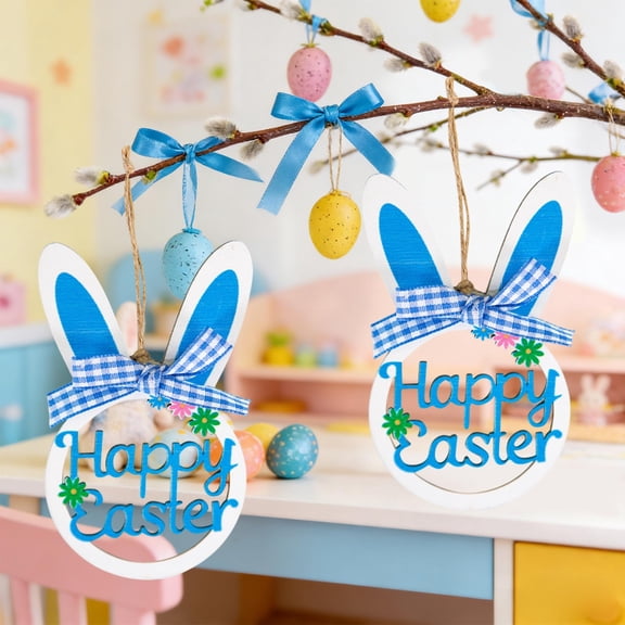 Antqov Easter Decoration Small Wooden Wreath for Front Door Decor Hanging Happy Easter Sign Bunny Flowers Bow Spring Decoration for Outdoor Indoor Home Wall Party Decor