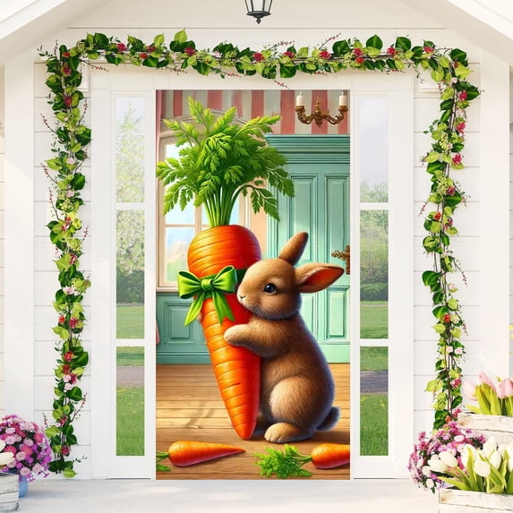 Antqov Easter Door Cover, 71x35" Colorful Easter Door Decorations Bunny Eggs Hanging Banner Holiday Spring Party Decoration for Indoor Outdoor Front Door Wall Window Garden Home Decor