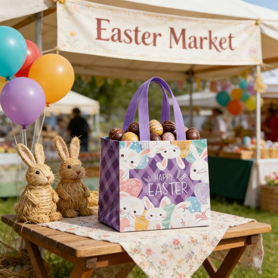 Antqov Easter Gift Bags Reusables Cute Easter Tote Bags with Handles Non Woven Bunny Eggs Easter Bags for Party Holiday Travel Home Supplies