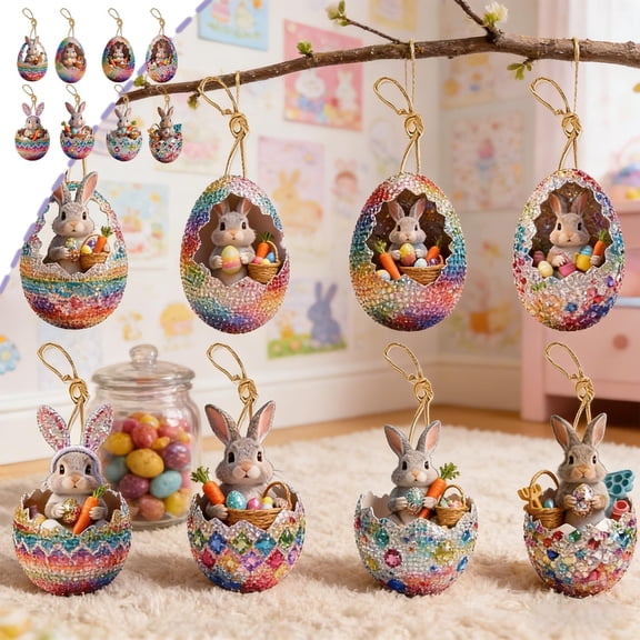 Antqov Easter Ornaments, 8PCS Colorful 2D Flat Easter Hanging Eggs Bunny Decorations Cute Easter Tree Ornament for Home Party Holiday Office Decor