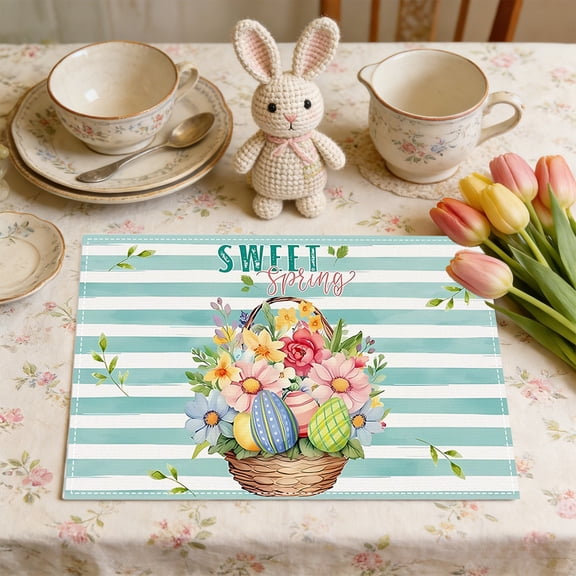 Antqov Easter Placemats 12x18" Colorful Easter Rabbits Bunny Eggs Flowers Placemat Washable Linen Table Mats for Holiday Kitchen Home Decor