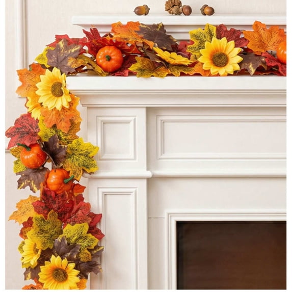 Antqov Fall Garland 6.5Ft Artificial Sunflowers Maple Leaves & Berries Fall Leaves Garland Hanging Thanksgiving Fall Decoration for Indoor Outdoor Home Fireplace Party Table Thanksgiving Decor