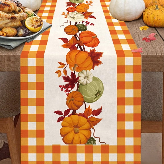 Antqov Fall Table Runner, 13x72" Plaid Maple Leaves Table Runners Harvests Kitchen Dining Table Decoration for Indoor Thanksgiving Home Party Decor