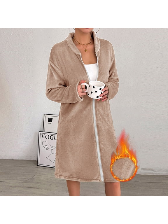 Flannel Nightgowns for Women, Solid Color Long Sleeve Zip Up Cardigan Pajamas, Winter Daily Comfy Soft Warm Loungewear Bathrobe