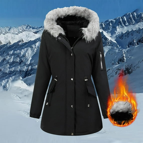 Antqov Fleece Jacket Women, Solid Color Long Zipper Button Thick Collar Cinched Waist Hooded Jackets with Multiple Pockets, Winter Outdoor Windbreak Thickened Comfortable Warm Coats