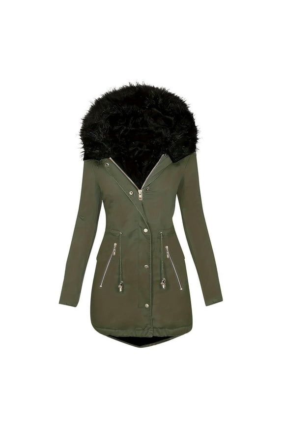 Fleece Jacket Women, Solid Color Long Zipper Button Thick Collar Cinched Waist Hooded Jackets with Pockets, Winter Outdoor Thickened Warm Comfortable Windproof Coats