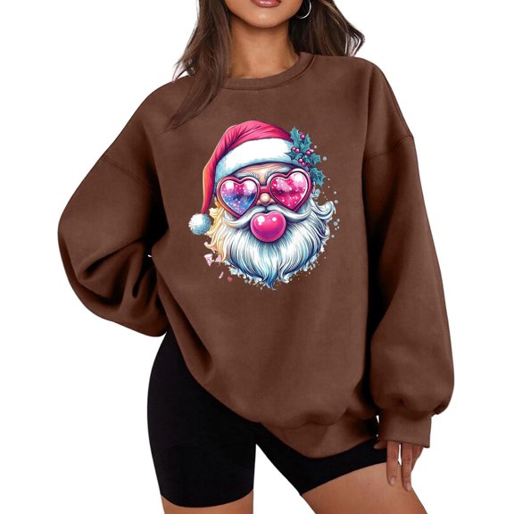 Antqov Fleece Sweatshirts for Women, Christmas Cute Funny Print Crewneck Pullover Long Sleeve Oversized Sweatshirt, Fall Winter Party Fashion Casual Comfortable Lightweight Tops