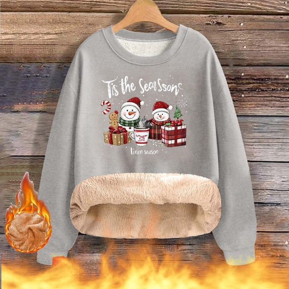 Antqov Fleece Sweatshirts for Women, Christmas Print Crewneck Pullover Oversized Long Sleeve Tops, Fall Winter Party Trendy Comfortable Thermal Casual Sweatshirt