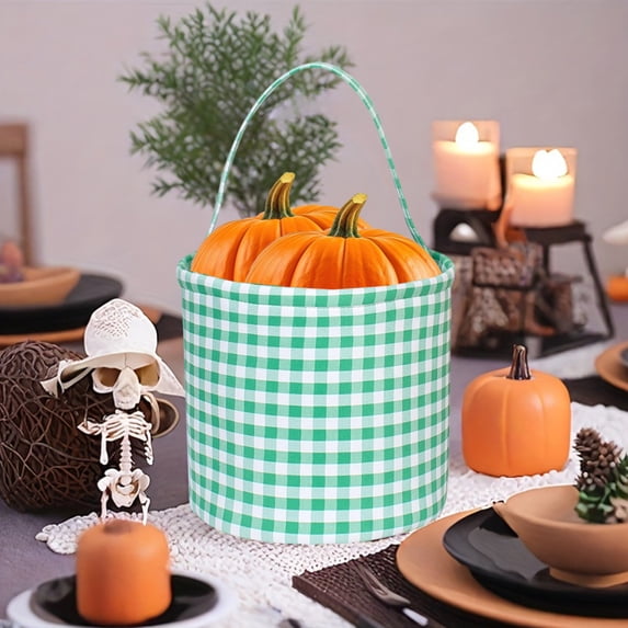 Antqov Halloween Plaid Hand Basket Large Capacity Tassel Barrel with Plaid Cloth Round Storage Basket Fall Decor for Home Party Office Supplies