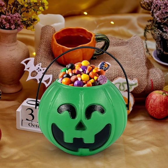 Antqov Halloween Pumpkin Bucket, Small Pumpkin Trick or Treat Candy Basket with Handle Plastic Jacks O' Lantern Pumpkin Pails for Party Home Supplies
