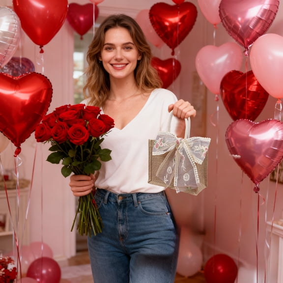 Antqov Heart Valentine's Day Gift Bags Non-Woven Reusable Tote Bag with Handles Valentines Shopping Linen Bags for Birthday Wedding Party Decorations