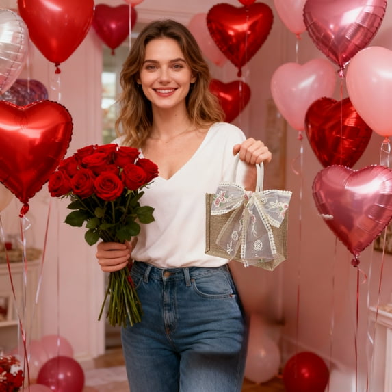 Antqov Heart Valentine's Day Gift Bags Non-Woven Reusable Tote Bag with Handles Valentines Shopping Linen Bags for Birthday Wedding Party Decorations