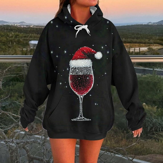 Antqov Hoodies for Women, Christmas Pullover Wine Glass Printed Drawstring Tops with Pocket, Party Stylish Comfortable Hoodie