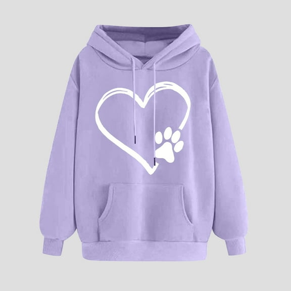 Antqov Hoodies for Women, Pullover Heart Dog Paw Printed Drawstring Sweatshirts with Pocket, Daily Comfortable Lightweight Blouse