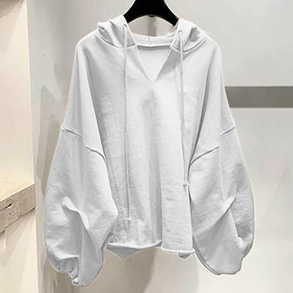 Antqov Hoodies for Women, Pullover Solid Color V-neck Wide Sleeves Drawstring Sweatshirts, Holiday Stylish Casual Hoodie
