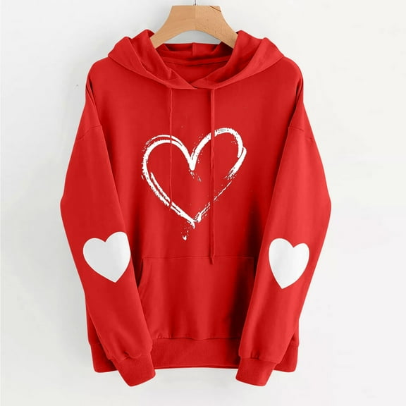 Antqov Hoodies for Women, Valentine's Day Heart Printed Pullover Drawstring Sweatshirts with Pocket, Outdoor Walks Comfortable Lightweight Hoddie