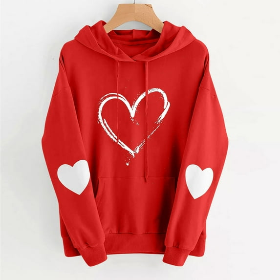 Antqov Hoodies for Women, Valentine's Day Heart Printed Pullover Drawstring Sweatshirts with Pocket, Outdoor Walks Comfortable Lightweight Hoddie