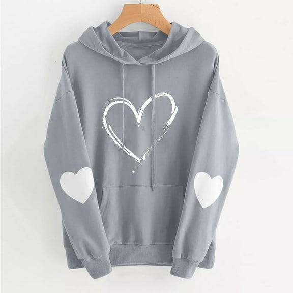 Antqov Hoodies for Women, Valentine's Day Heart Printed Pullover Drawstring Sweatshirts with Pocket, Outdoor Walks Comfortable Lightweight Hoddie