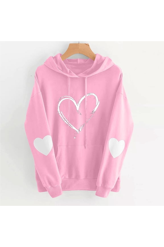 Hoodies for Women, Valentine's Day Heart Printed Pullover Drawstring Sweatshirts with Pocket, Outdoor Walks Comfortable Lightweight Hoddie