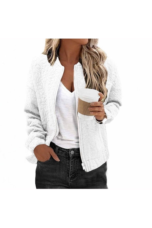 Jacket Women, Solid Color Floral Print Zip Up Crewneck Coats, Fall Daily Comfortable Lightweight Casual Jackets